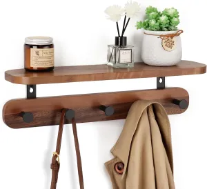 Coat Rack Wall Mount with Shelf, 17" Walnut Wood Wall Shelf with Hooks, Entryway Floating Shelf with 5 Metal Hangers for Coats, Backpacks, Living Room, Bedroom, Bathroom