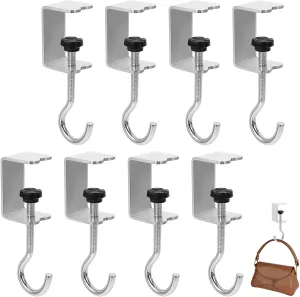 cobee Clamp-On Under Desk Hooks, Desk Mount Hanging Bag Holder Metal Hook Adjustable Headphones Clamp Organizer Portable Purse Hanger Clip Reduce Desk Clutter Table Desk Under Counter(8 Pcs, Silver)