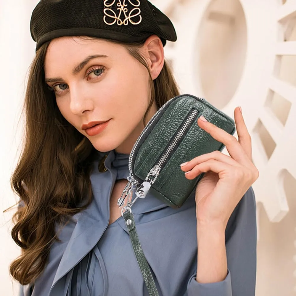 Coin Purse for Women Genuine Leather Small Triple Zipper Coin Wallet Pouch with Removable Wristlet Strap