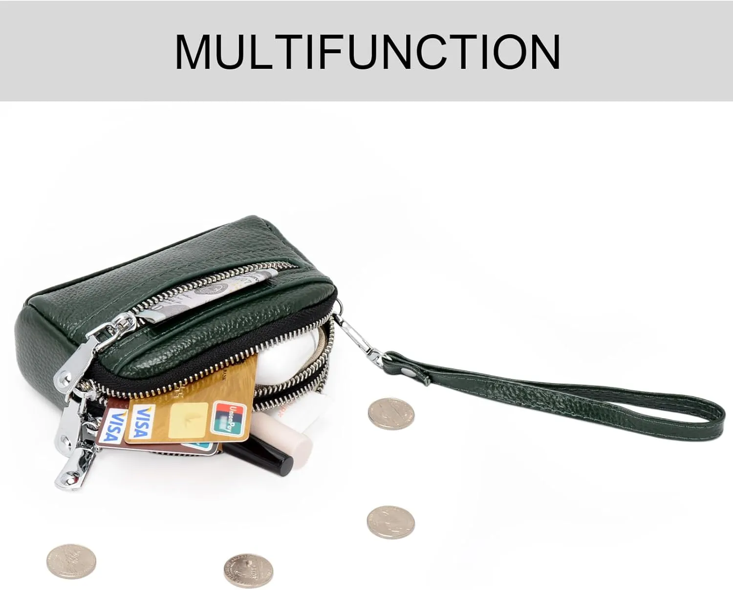 Coin Purse for Women Genuine Leather Small Triple Zipper Coin Wallet Pouch with Removable Wristlet Strap