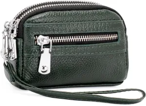 Coin Purse for Women Genuine Leather Small Triple Zipper Coin Wallet Pouch with Removable Wristlet Strap