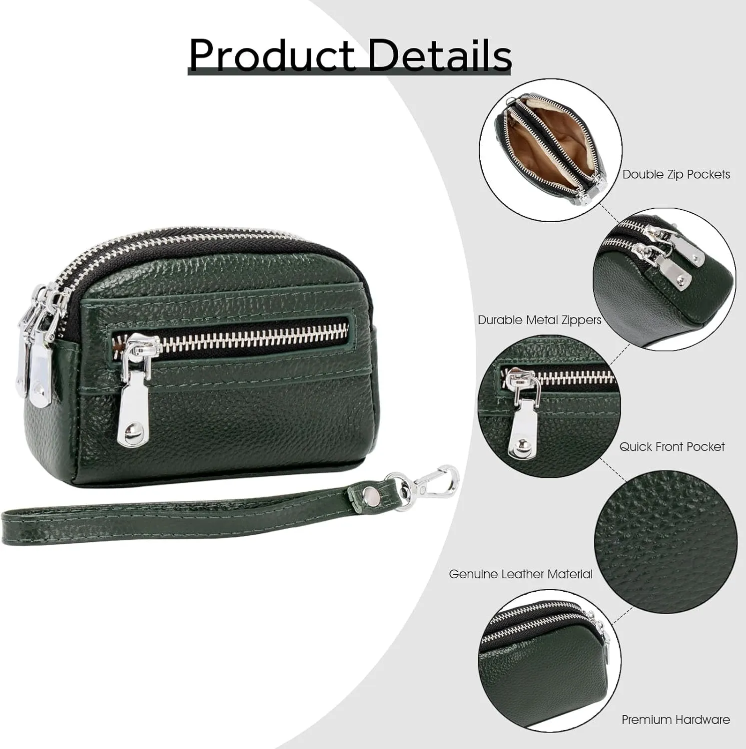 Coin Purse for Women Genuine Leather Small Triple Zipper Coin Wallet Pouch with Removable Wristlet Strap