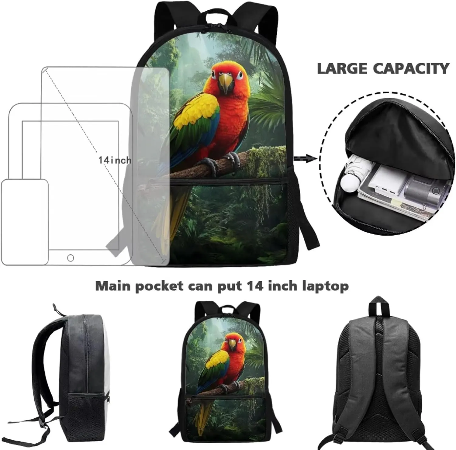Coldinair 3D Parrot Elementary School Backpack for Boys Large Capacity School Bags for Boys 10-12 17 Inch Lightweight Bookbags Laptop Daypack for Teen Boys Mochilas Escolares Para NiñOs