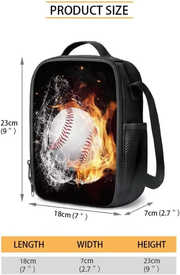 Coldinair Baseball Backpack Set for Boy Kids,Fire Water School Backpack Bookbag for Preschool Elementary School Bag Satchel Laptop Bags with Lunch Bag & Pencil Case