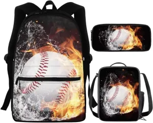 Coldinair Baseball Backpack Set for Boy Kids,Fire Water School Backpack Bookbag for Preschool Elementary School Bag Satchel Laptop Bags with Lunch Bag & Pencil Case