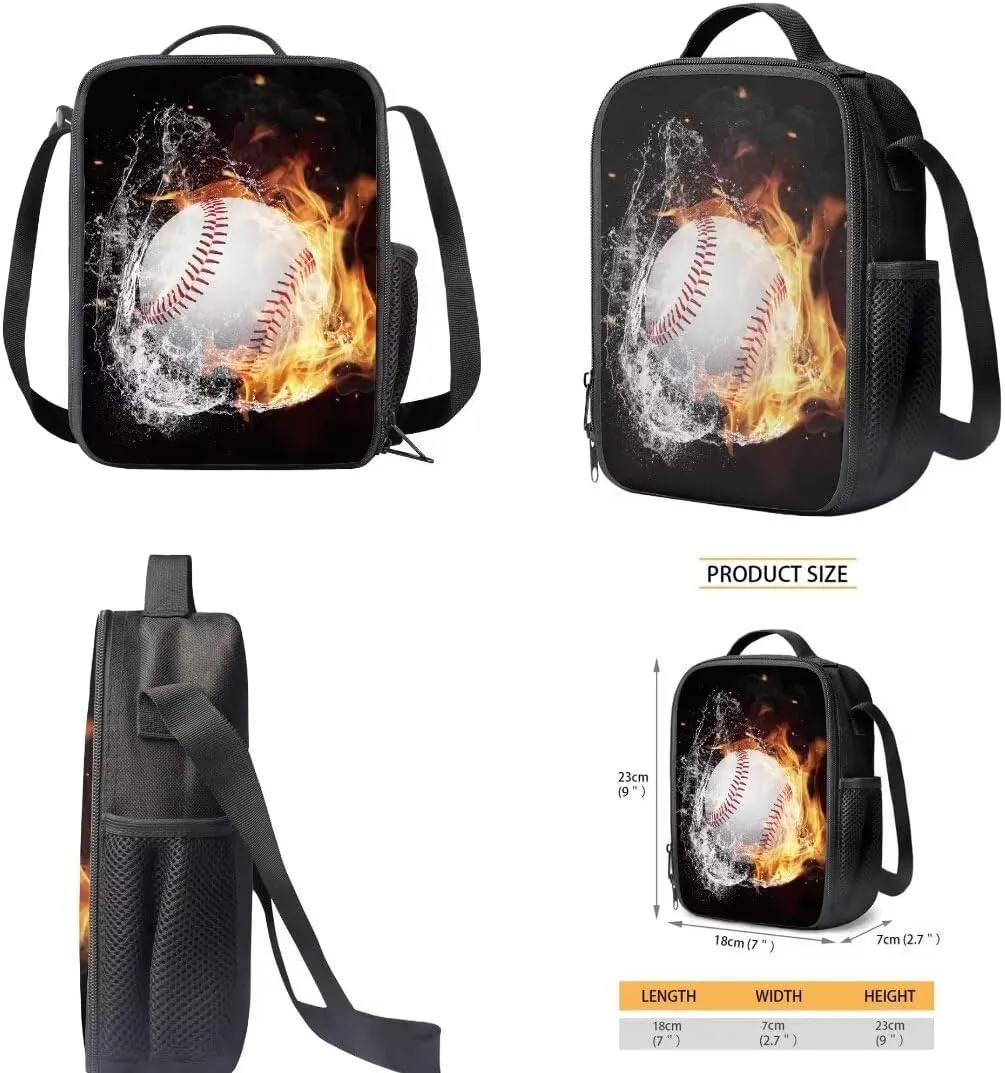 Coldinair Baseball Backpack Set for Boy Kids,Fire Water School Backpack Bookbag for Preschool Elementary School Bag Satchel Laptop Bags with Lunch Bag & Pencil Case