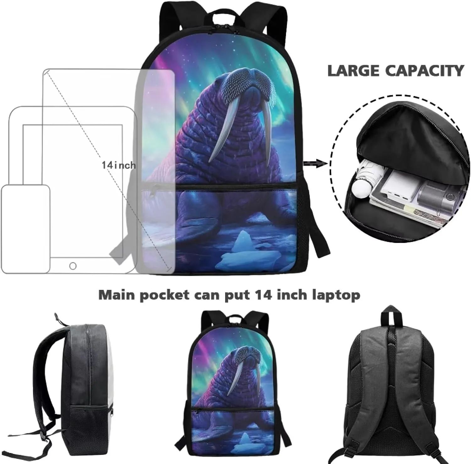 Coldinair Walrus School Backpack for Boys 8-12 Galaxy School Bookbag for Kids Teens Cool 17 inch Schoolbag for Primary Elementary Middle School 17 Inch Travel Bags Daypack