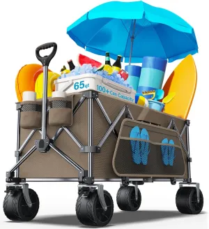 Collapsible Wagon, 440 lbs Foldable Utility Wagon Cart with Big Wheels, Heavy Duty Folding Wagon for Beach/Garden/Camping/Grocery-Brown