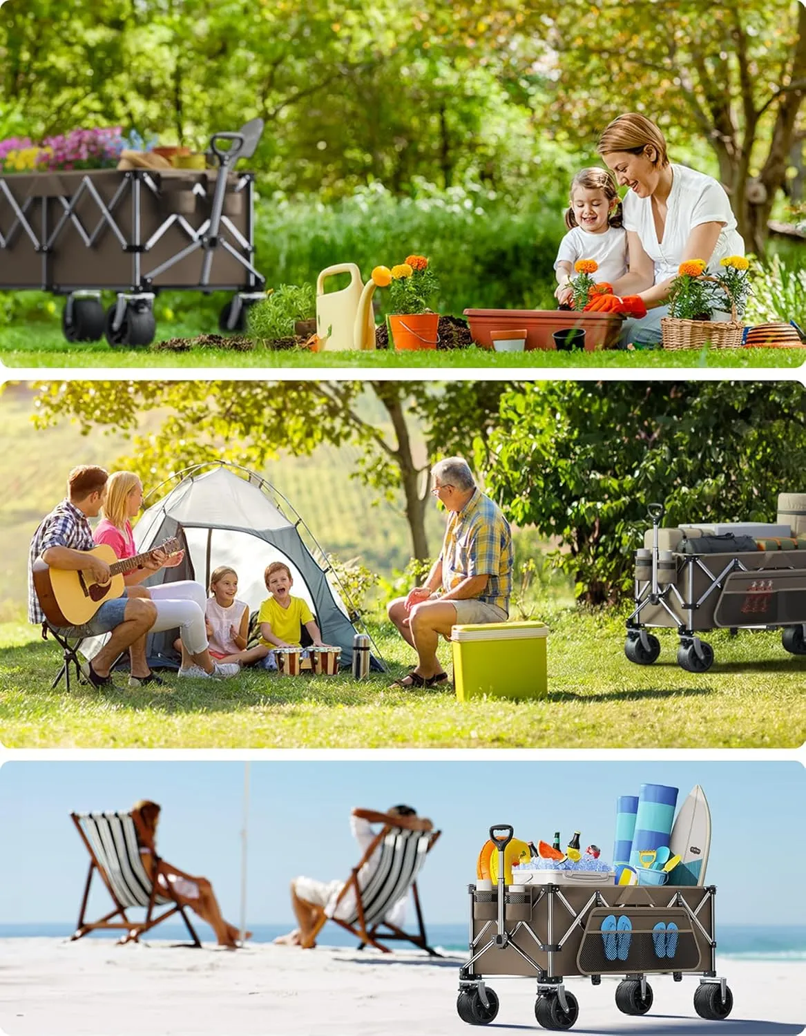 Collapsible Wagon, 440 lbs Foldable Utility Wagon Cart with Big Wheels, Heavy Duty Folding Wagon for Beach/Garden/Camping/Grocery-Brown