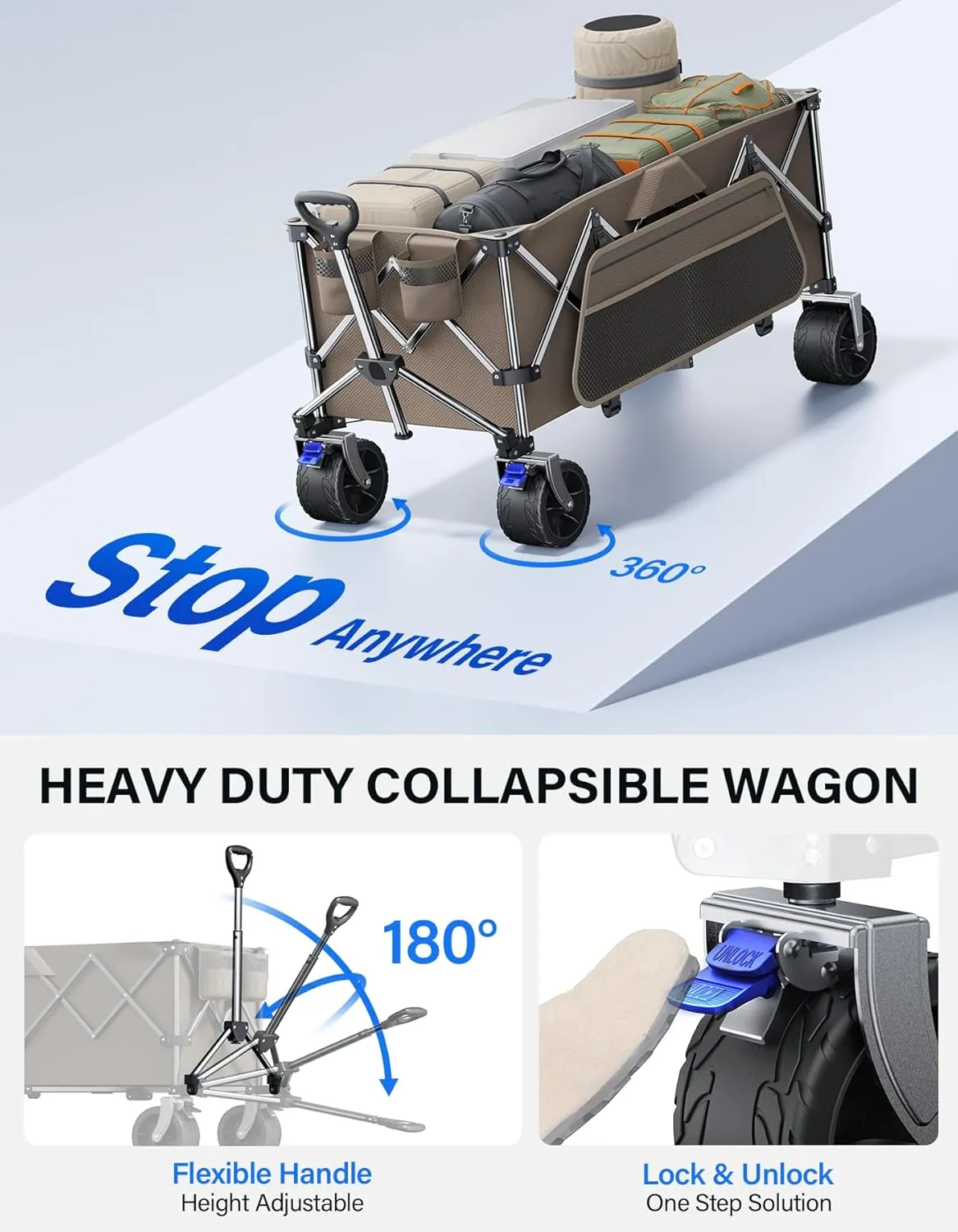 Collapsible Wagon, 440 lbs Foldable Utility Wagon Cart with Big Wheels, Heavy Duty Folding Wagon for Beach/Garden/Camping/Grocery-Brown