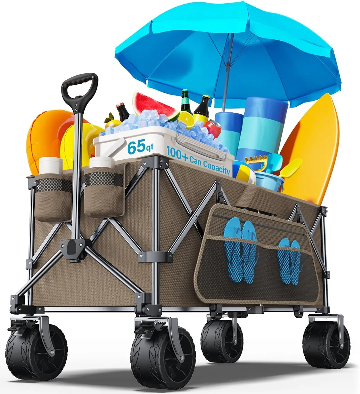 Collapsible Wagon, 440 lbs Foldable Utility Wagon Cart with Big Wheels, Heavy Duty Folding Wagon for Beach/Garden/Camping/Grocery-Brown