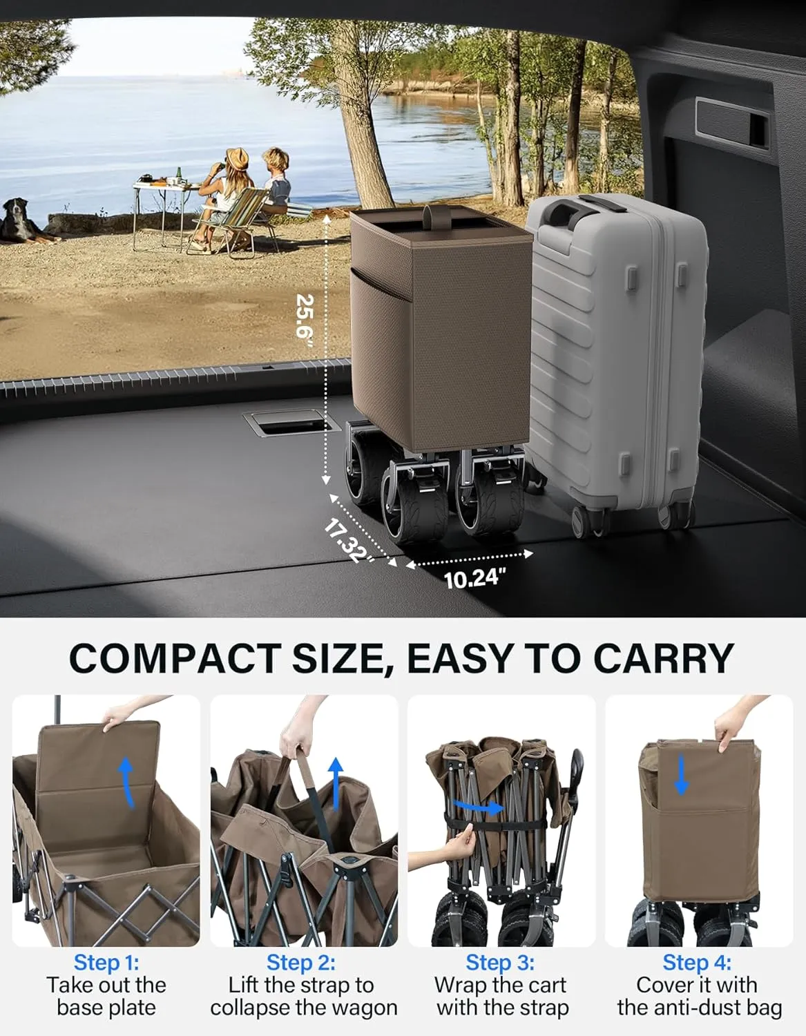 Collapsible Wagon, 440 lbs Foldable Utility Wagon Cart with Big Wheels, Heavy Duty Folding Wagon for Beach/Garden/Camping/Grocery-Brown