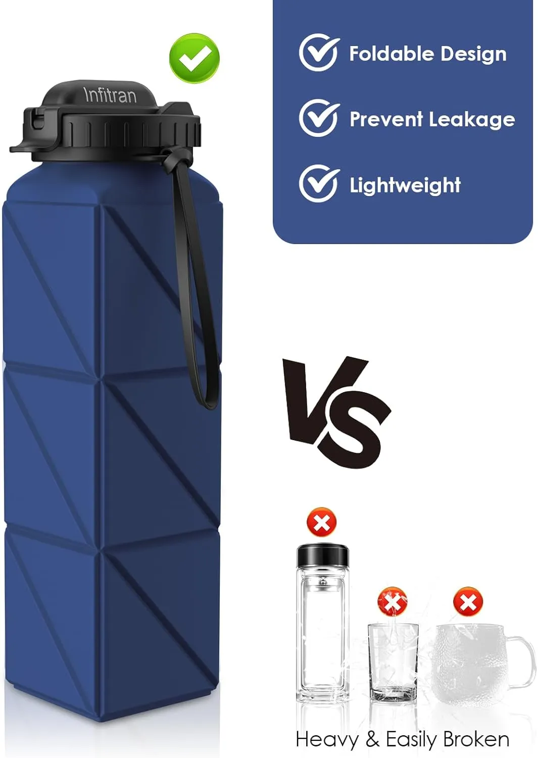 Collapsible Water Bottles, BPA-Free Silicone Foldable Water Bottle Cup with Straw Strap,Leak-Proof Durable Lightweight Bottle for Gym Travel Camping Hiking Running,2Pack(Green DarkBlue)