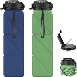 Collapsible Water Bottles, BPA-Free Silicone Foldable Water Bottle Cup with Straw Strap,Leak-Proof Durable Lightweight Bottle for Gym Travel Camping Hiking Running,2Pack(Green DarkBlue)