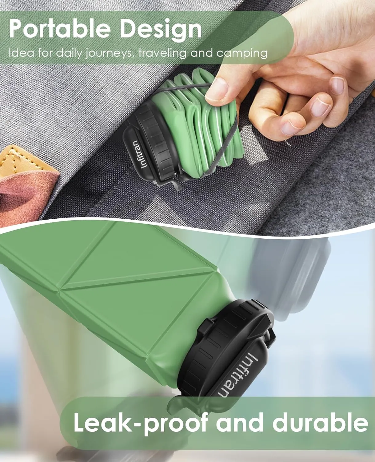 Collapsible Water Bottles, BPA-Free Silicone Foldable Water Bottle Cup with Straw Strap,Leak-Proof Durable Lightweight Bottle for Gym Travel Camping Hiking Running,2Pack(Green DarkBlue)