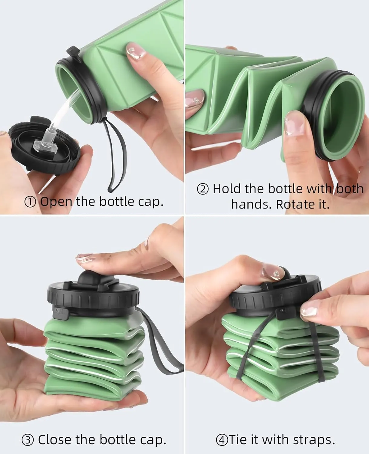 Collapsible Water Bottles, BPA-Free Silicone Foldable Water Bottle Cup with Straw Strap,Leak-Proof Durable Lightweight Bottle for Gym Travel Camping Hiking Running,2Pack(Green DarkBlue)