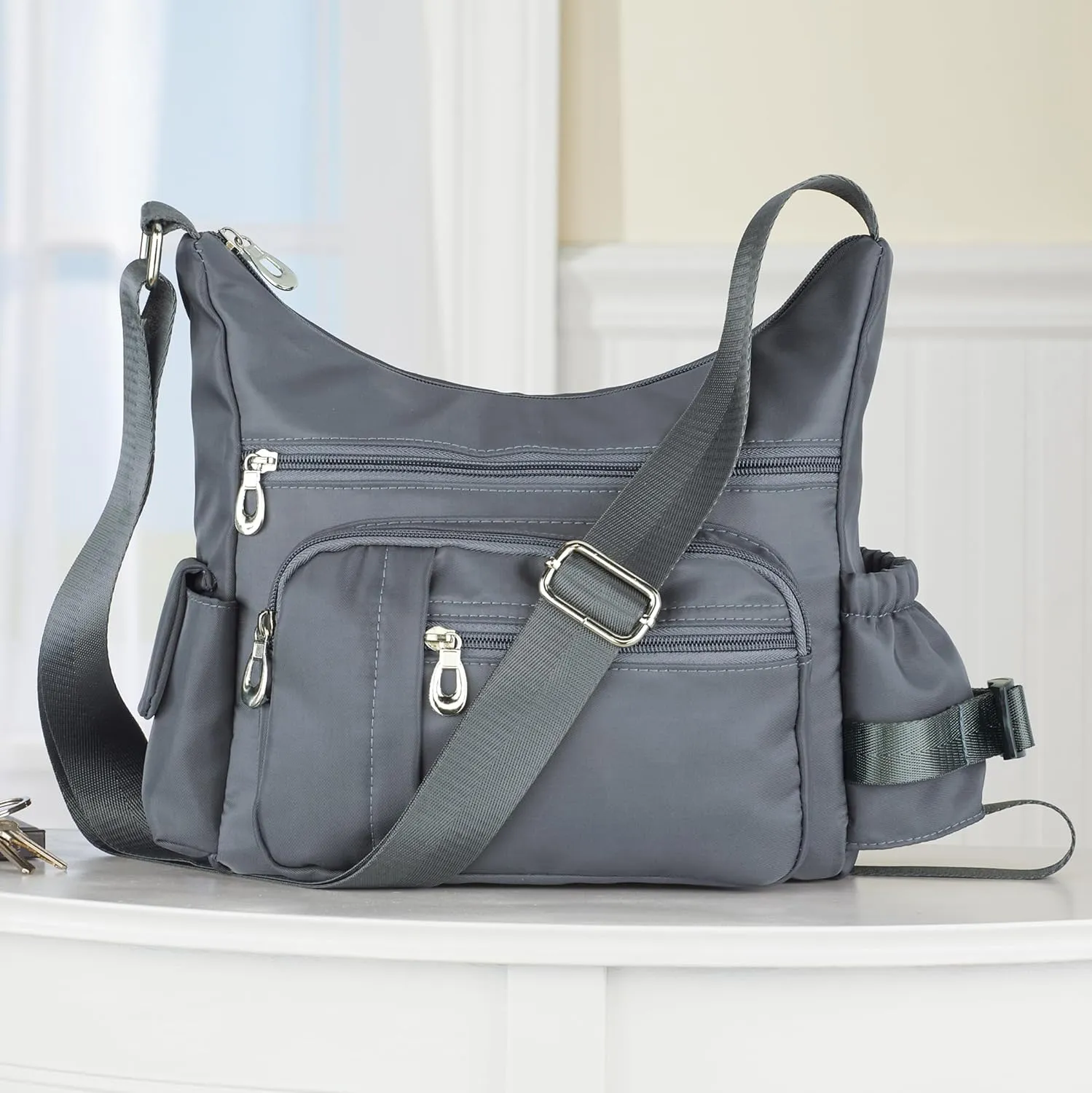 Collections Etc Adjustable Strap Multi Zippered Pocket Handbag