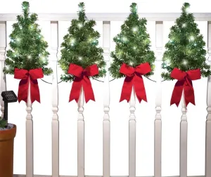 Collections Etc Christmas Trees with Solar Lights and Red Bows Outdoor Fence Decor - Home Holiday Accents - Attached Hooks for Easy Hanging