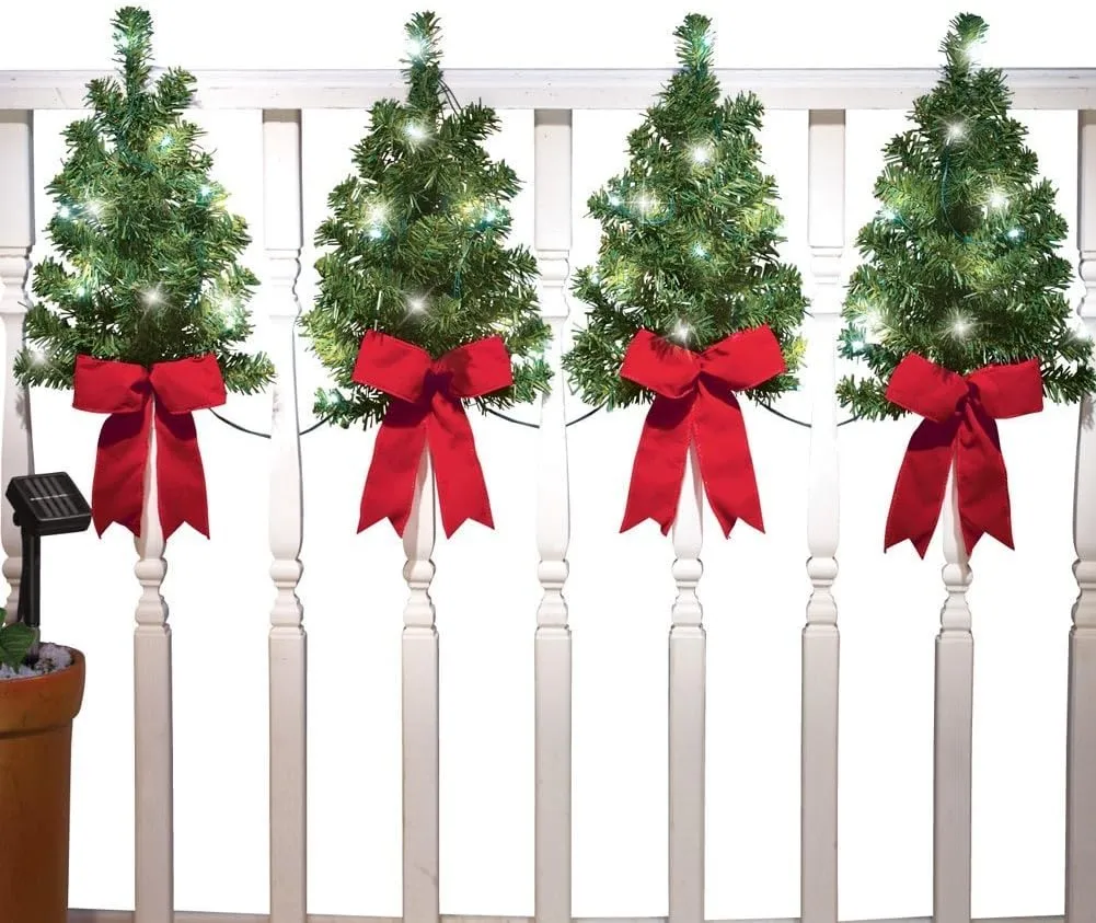 Collections Etc Christmas Trees with Solar Lights and Red Bows Outdoor Fence Decor - Home Holiday Accents - Attached Hooks for Easy Hanging