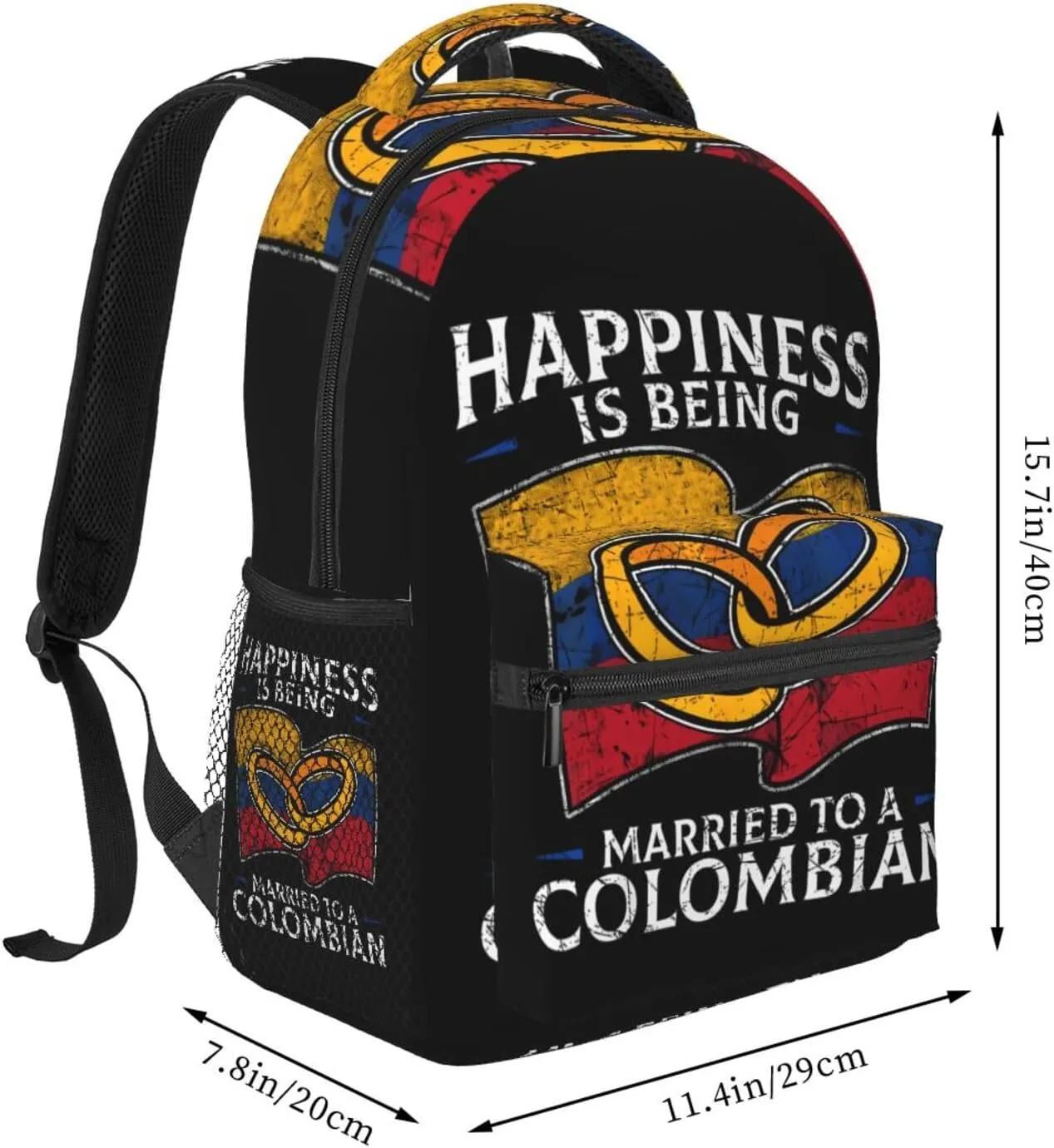 Colombia Marriage Colombian Married Flag Culture Casual Backpack Travel Pack Bag Laptop Backpacks With Side Pockets Front Zipper Pockets Bookpack Daypack Picnic Rucksack Computer Bag