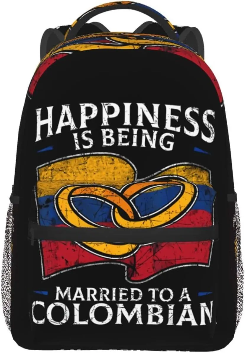 Colombia Marriage Colombian Married Flag Culture Casual Backpack Travel Pack Bag Laptop Backpacks With Side Pockets Front Zipper Pockets Bookpack Daypack Picnic Rucksack Computer Bag
