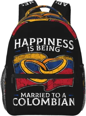 Colombia Marriage Colombian Married Flag Culture Casual Backpack Travel Pack Bag Laptop Backpacks With Side Pockets Front Zipper Pockets Bookpack Daypack Picnic Rucksack Computer Bag