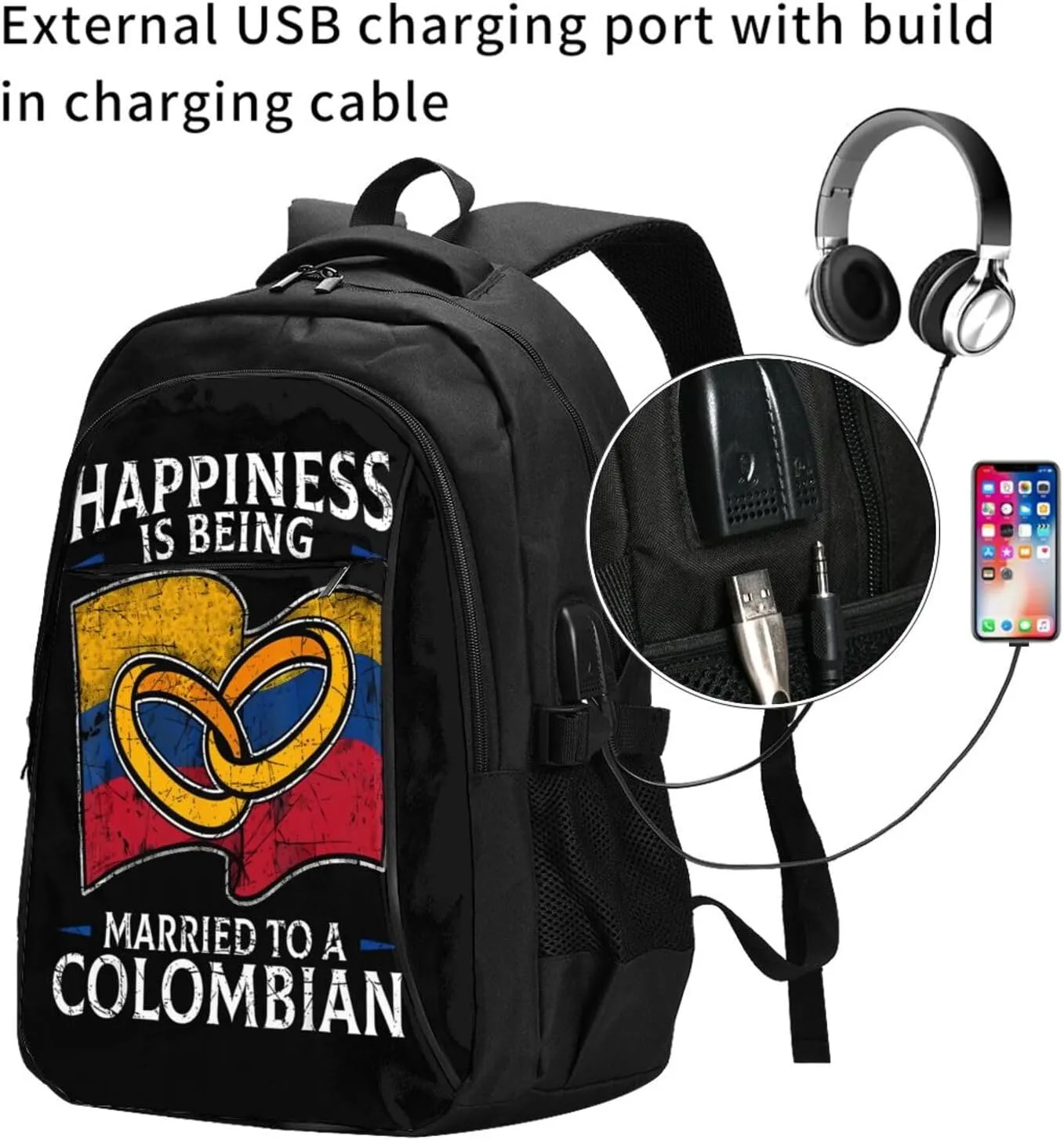 Colombia Marriage Colombian Married Flag Culture Travel Backpacks Casual Backpack Large Capacity Laptop Rucksack Luggage Daypacks with USB Charging Port Multi-Pockets Bags for Hiking