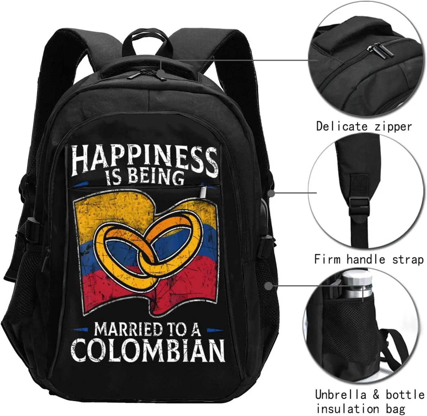 Colombia Marriage Colombian Married Flag Culture Travel Backpacks Casual Backpack Large Capacity Laptop Rucksack Luggage Daypacks with USB Charging Port Multi-Pockets Bags for Hiking