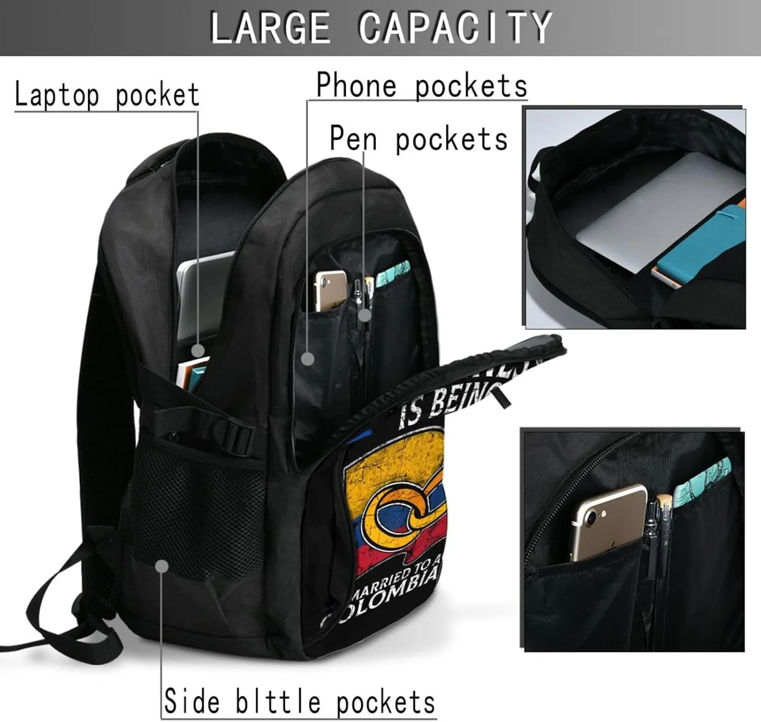 Colombia Marriage Colombian Married Flag Culture Travel Backpacks Casual Backpack Large Capacity Laptop Rucksack Luggage Daypacks with USB Charging Port Multi-Pockets Bags for Hiking