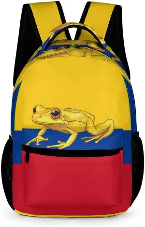 Colombian Flag Golden Poison Frog Cute Backpack Travel Work Bag with Water Bottle Pocket Adjustable Padded Shoulder Straps Daypack