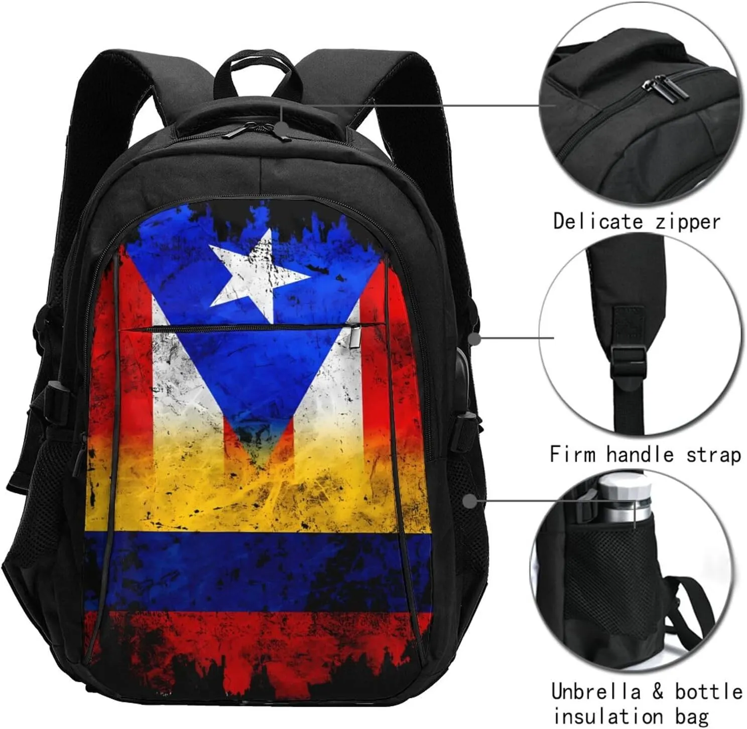 Colombian Puerto Rican Colombia Boricua Flag Travel Backpacks Casual Backpack Large Capacity Laptop Rucksack Luggage Daypacks with USB Charging Port Multi-Pockets Bags for Hiking