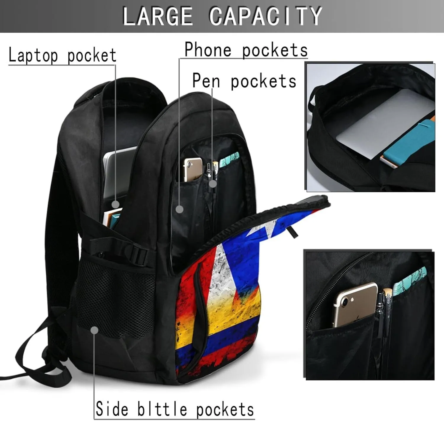 Colombian Puerto Rican Colombia Boricua Flag Travel Backpacks Casual Backpack Large Capacity Laptop Rucksack Luggage Daypacks with USB Charging Port Multi-Pockets Bags for Hiking