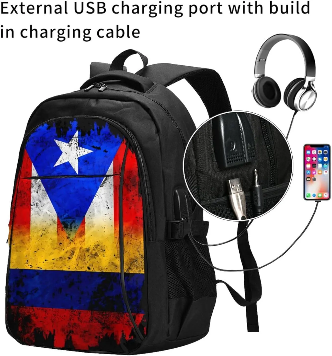 Colombian Puerto Rican Colombia Boricua Flag Travel Backpacks Casual Backpack Large Capacity Laptop Rucksack Luggage Daypacks with USB Charging Port Multi-Pockets Bags for Hiking