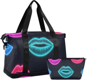 Colorful Fluorescent Neon Lips Large Travel Bag Sports Duffel Bags with Toiletry Bag for Workout Foldable
