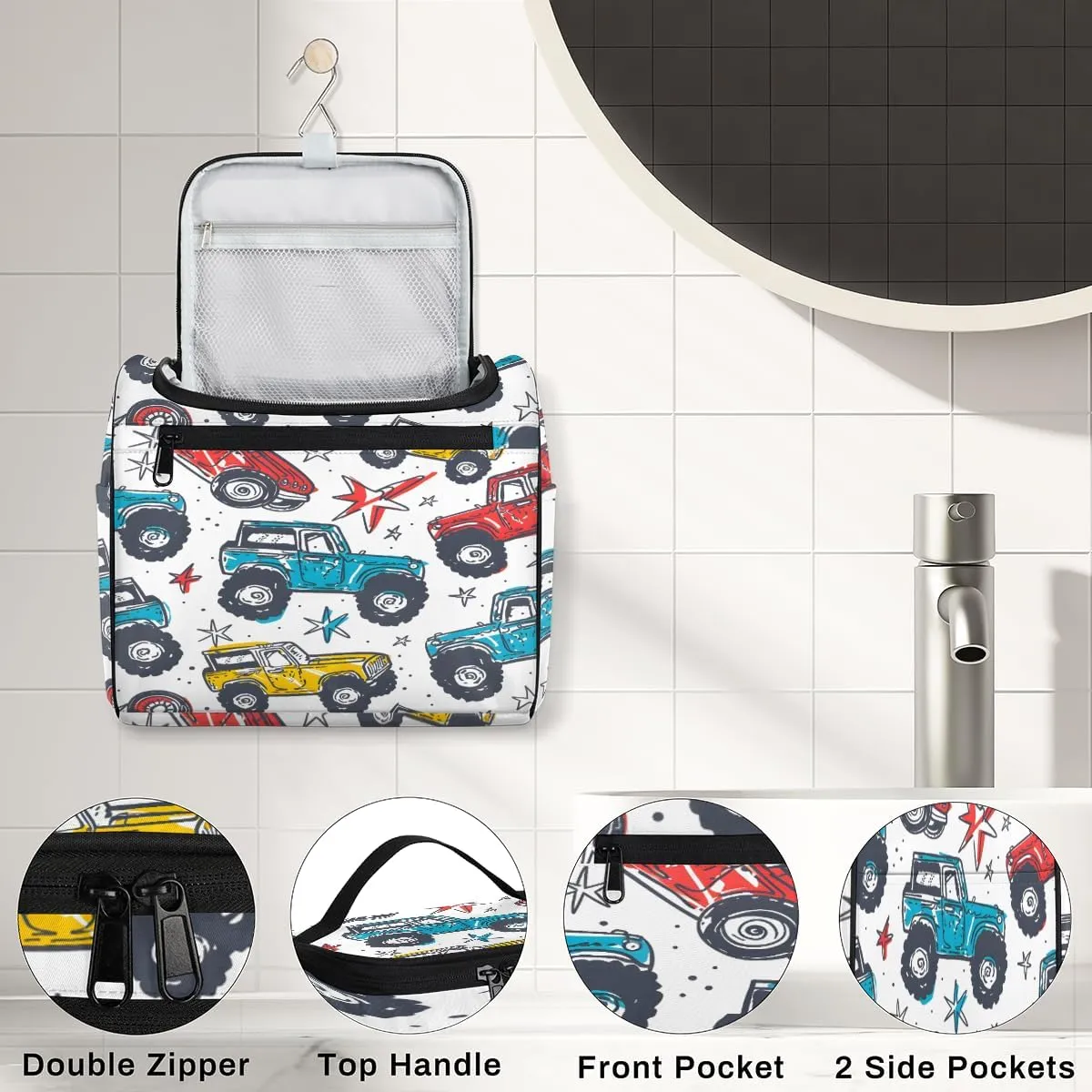 Colorful Monster Truck Travel Toiletry Bag for Men and Women, Large Hanging Makeup Bag Organizer Toiletries Bag for Travel, Cosmetic Bag with Handle