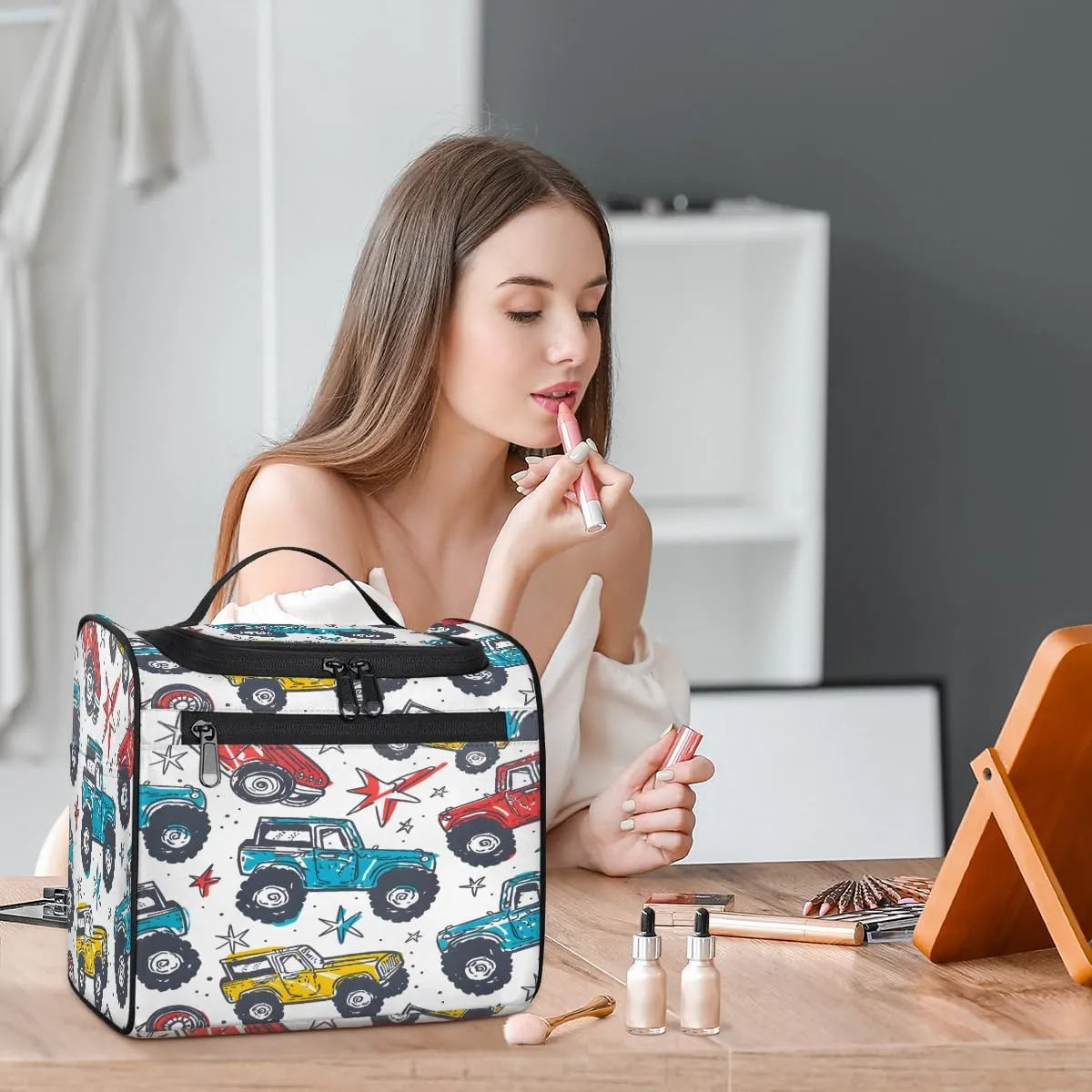 Colorful Monster Truck Travel Toiletry Bag for Men and Women, Large Hanging Makeup Bag Organizer Toiletries Bag for Travel, Cosmetic Bag with Handle