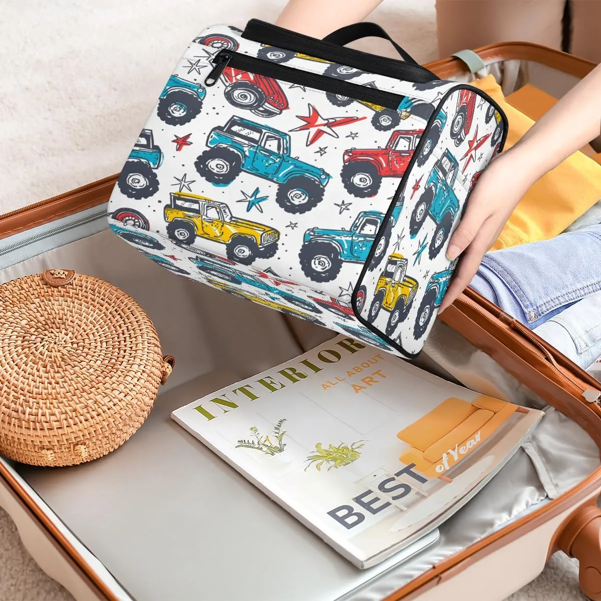Colorful Monster Truck Travel Toiletry Bag for Men and Women, Large Hanging Makeup Bag Organizer Toiletries Bag for Travel, Cosmetic Bag with Handle