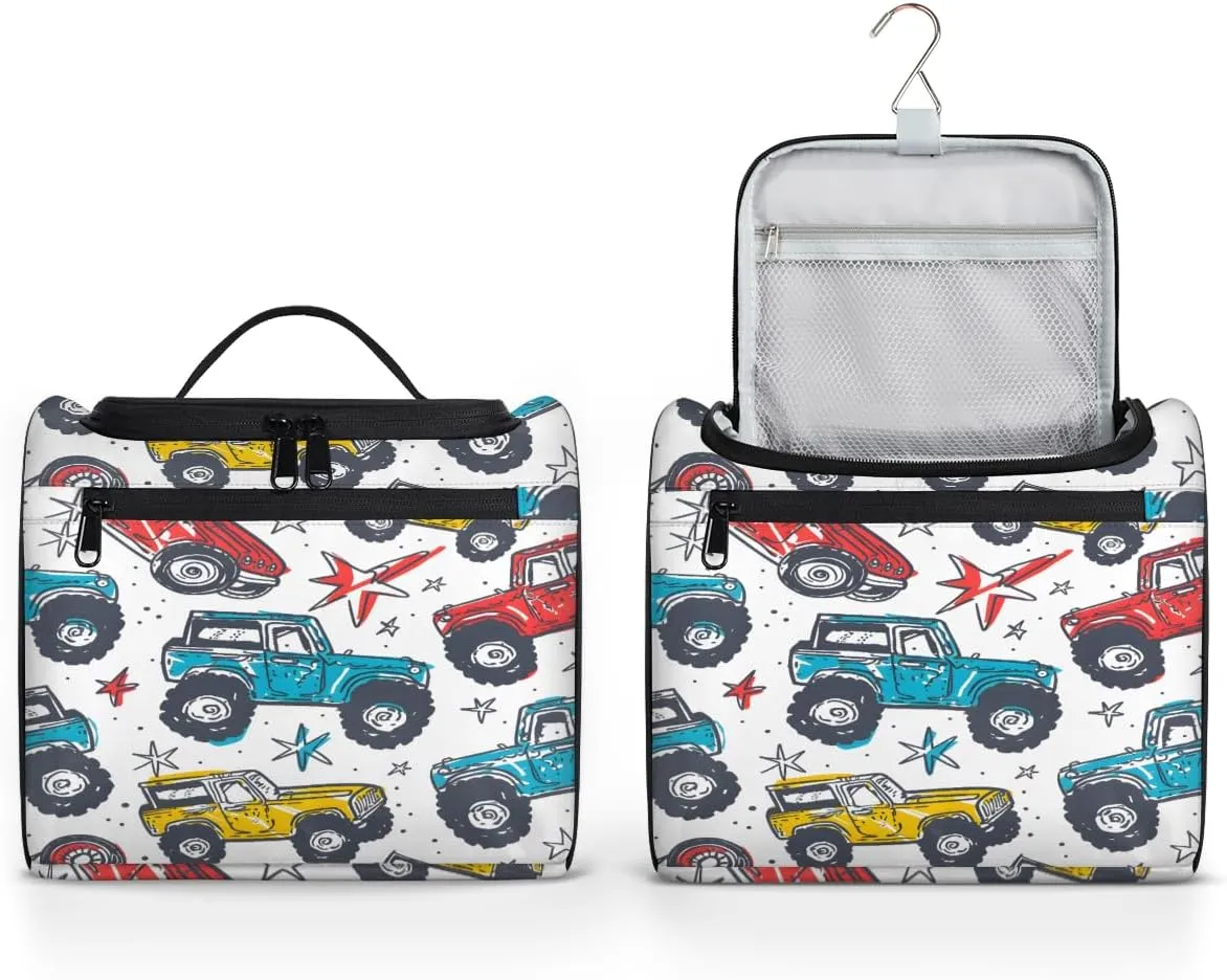 Colorful Monster Truck Travel Toiletry Bag for Men and Women, Large Hanging Makeup Bag Organizer Toiletries Bag for Travel, Cosmetic Bag with Handle