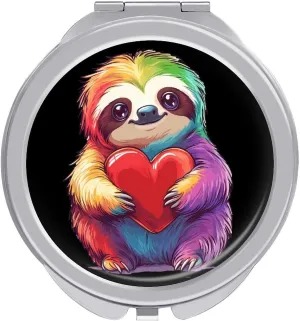 Colorful Sloth Heart Compact Makeup Mirror Mini Foldable Cosmetic Mirror Portable Travel Mirror for Purse Pocket