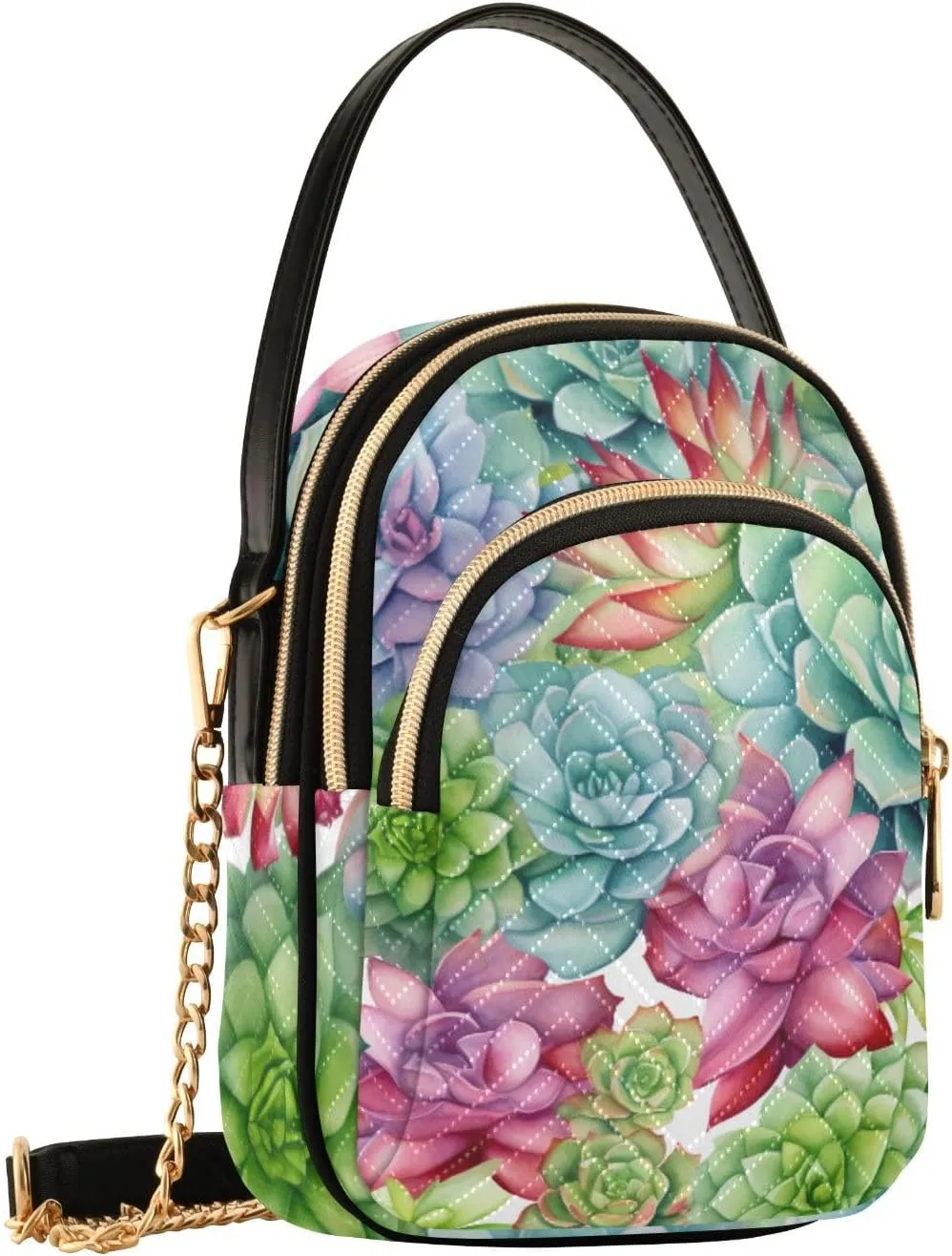 Colorful Succulents on a White Shoulder Bag, Womens Crossbody Travel Bag, Fall Crossbody Purse