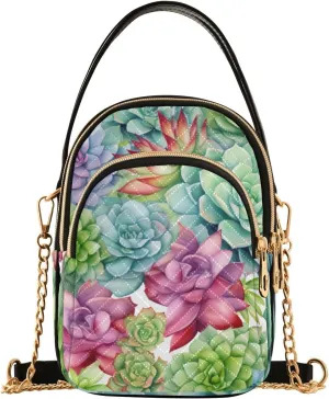 Colorful Succulents on a White Shoulder Bag, Womens Crossbody Travel Bag, Fall Crossbody Purse