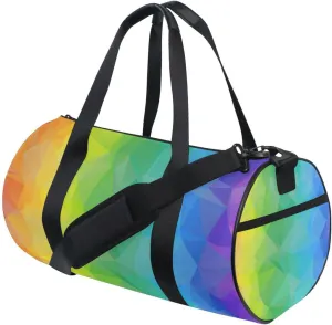 Colorful Triangular Rainbow Geometric Bright Abstract Triangles Duffel Bag, Foldable Canvas Travel Tote for Gym Sports with Inner Pockets, Durable Lightweight Fitness Bag for Overnight Workout