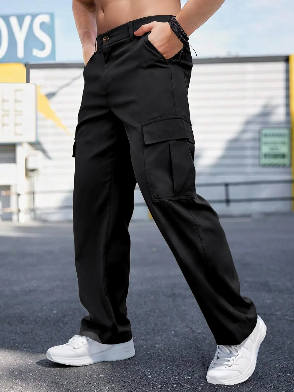 Comdecevis Mens Casual Cargo Pants Baggy Straight Leg Sweatpants with Large Flap Pockets Hiking Sports Trousers