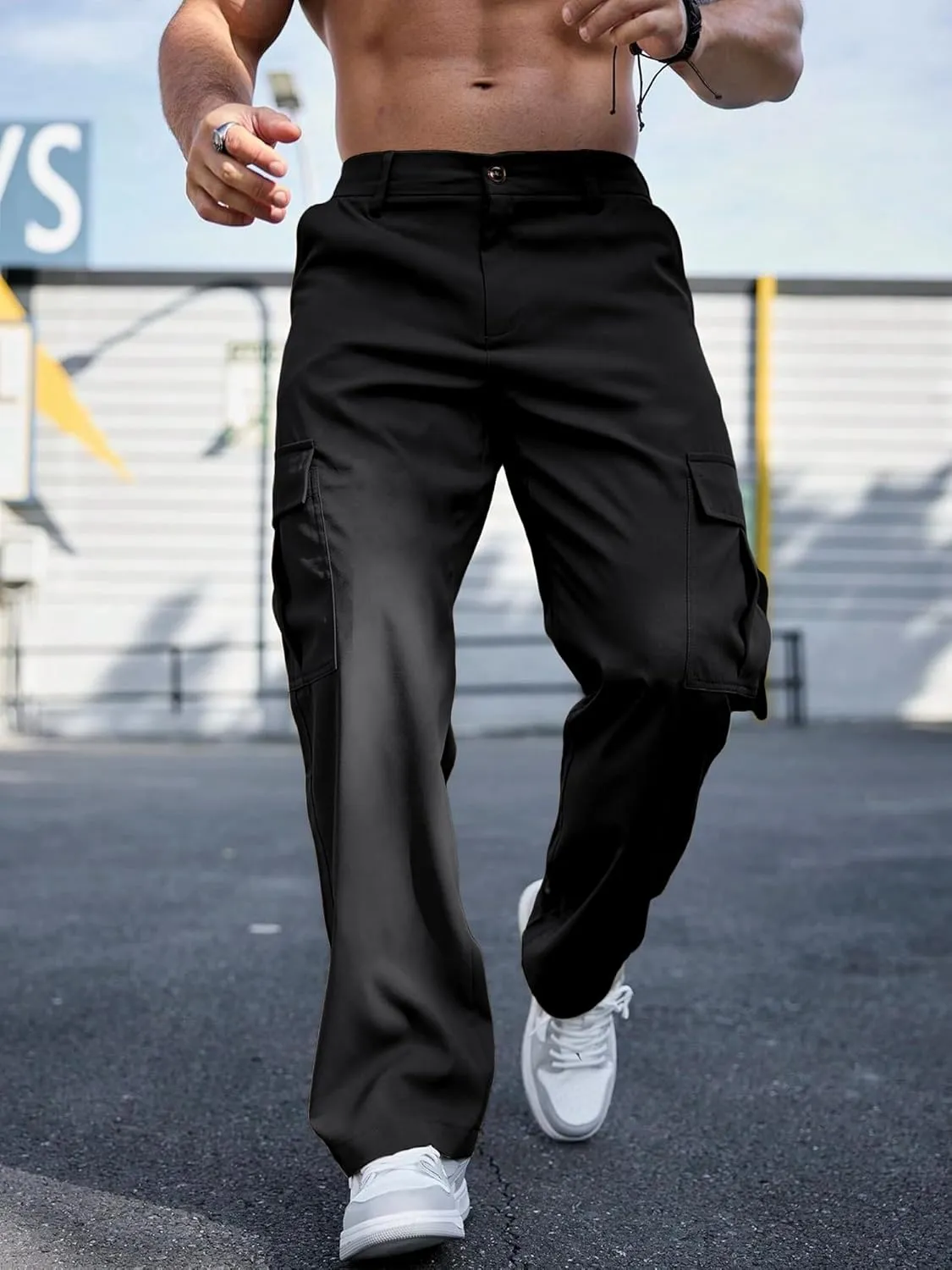Comdecevis Mens Casual Cargo Pants Baggy Straight Leg Sweatpants with Large Flap Pockets Hiking Sports Trousers