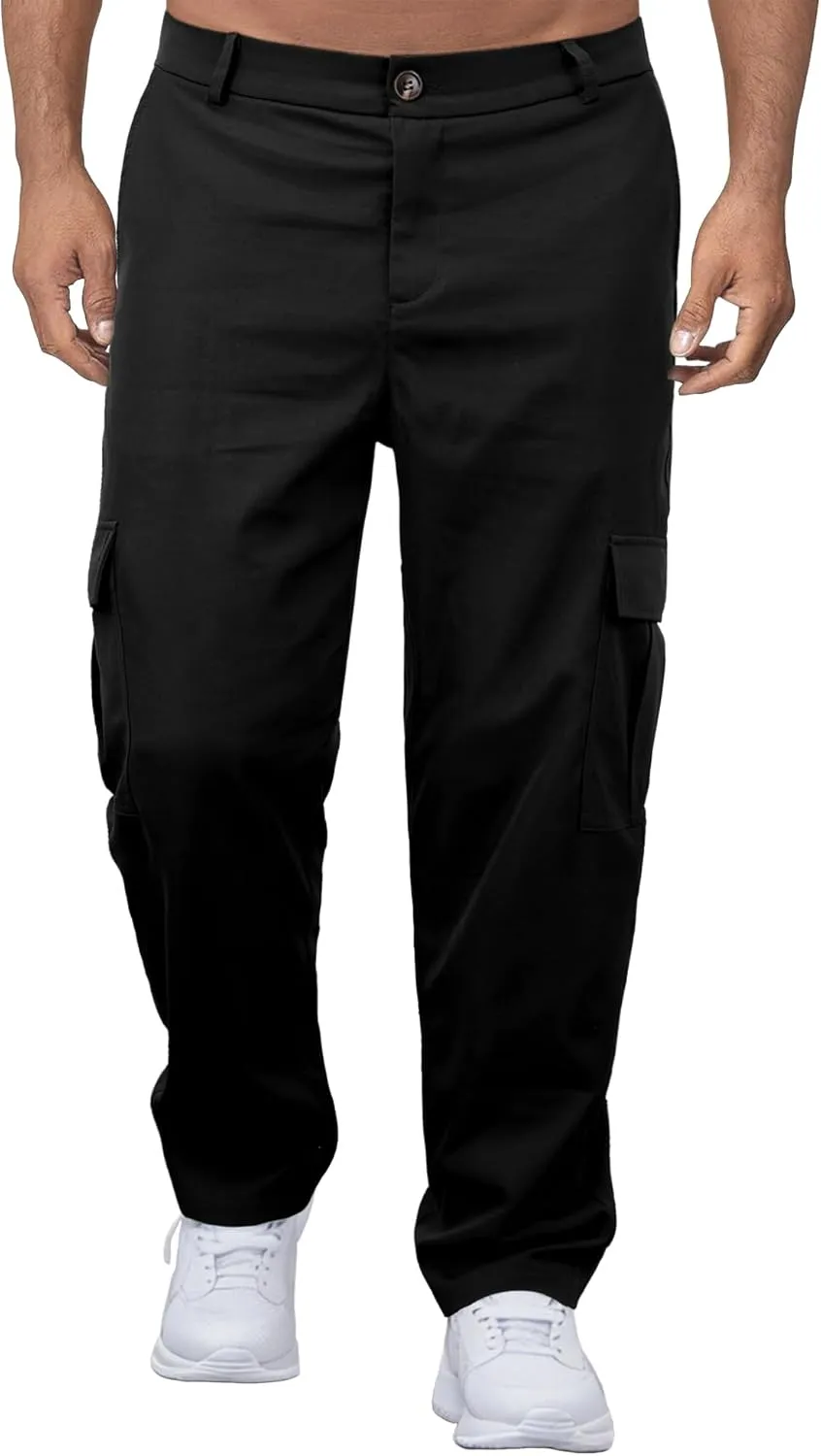 Comdecevis Mens Casual Cargo Pants Baggy Straight Leg Sweatpants with Large Flap Pockets Hiking Sports Trousers