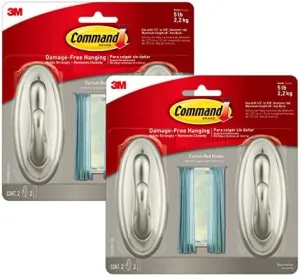 Command 5 lb Large Brushed Nickel Color Hooks, 2-Pack of 2 Wall Hooks and 2 Command Strips, Hooks for Hanging Home Decor, Wall Decor, and Room Decor