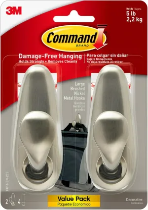 Command 5 lb Large Brushed Nickel Metal Hooks, 2 Hooks and 4 Command Strips, Damage Free Coat Hooks with Adhesive Strips, Forever Classic Hooks for Hanging Home Decor and Room Decor