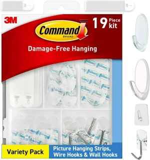 Command Clear Variety Pack, Including 8 Pairs of Picture Hangers, 4 Clear Wire Hooks and 11 Wall Hooks for Hanging Home Decor, Damage Free Hanging Up to 19 Items with Command Strips