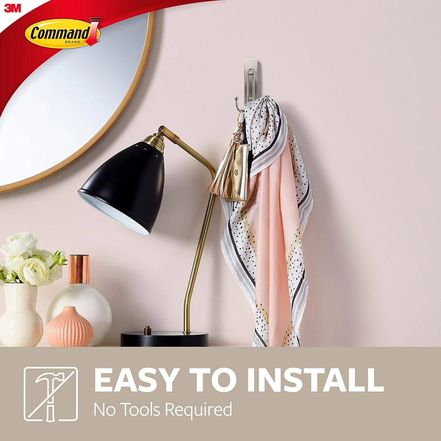 Command Large Brushed Nickel Double Hooks, 2 Hooks and 2 Command Strips, Damage Free Hanging Wall Hooks with Adhesive Strips, No Tools Coat Hooks for Hanging Home Decor, Holds up to 4 lb