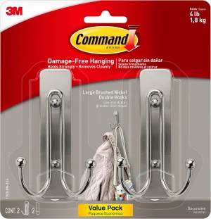 Command Large Brushed Nickel Double Hooks, 2 Hooks and 2 Command Strips, Damage Free Hanging Wall Hooks with Adhesive Strips, No Tools Coat Hooks for Hanging Home Decor, Holds up to 4 lb